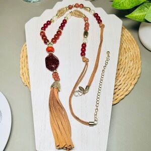 Chico’s Acrylic Amber Beaded Leather Brass Tone Long Tassel Necklace